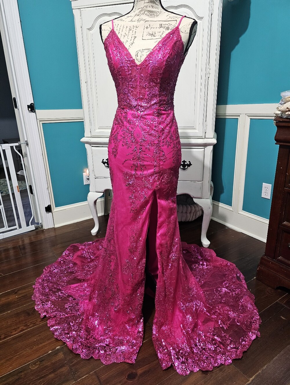 Fuchsia Beaded Lace Mermaid Prom Dress with Scalloped Train